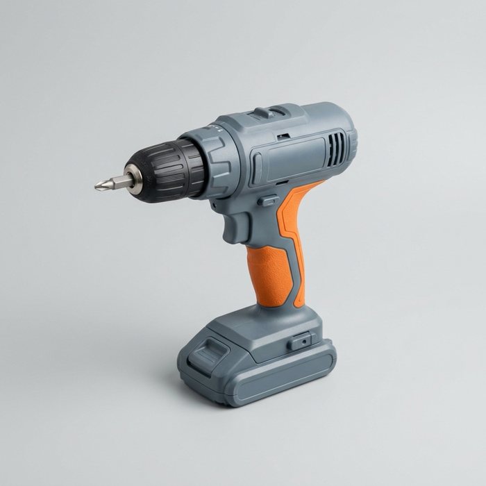 Product photo: Gray cordless drill with an orange grip