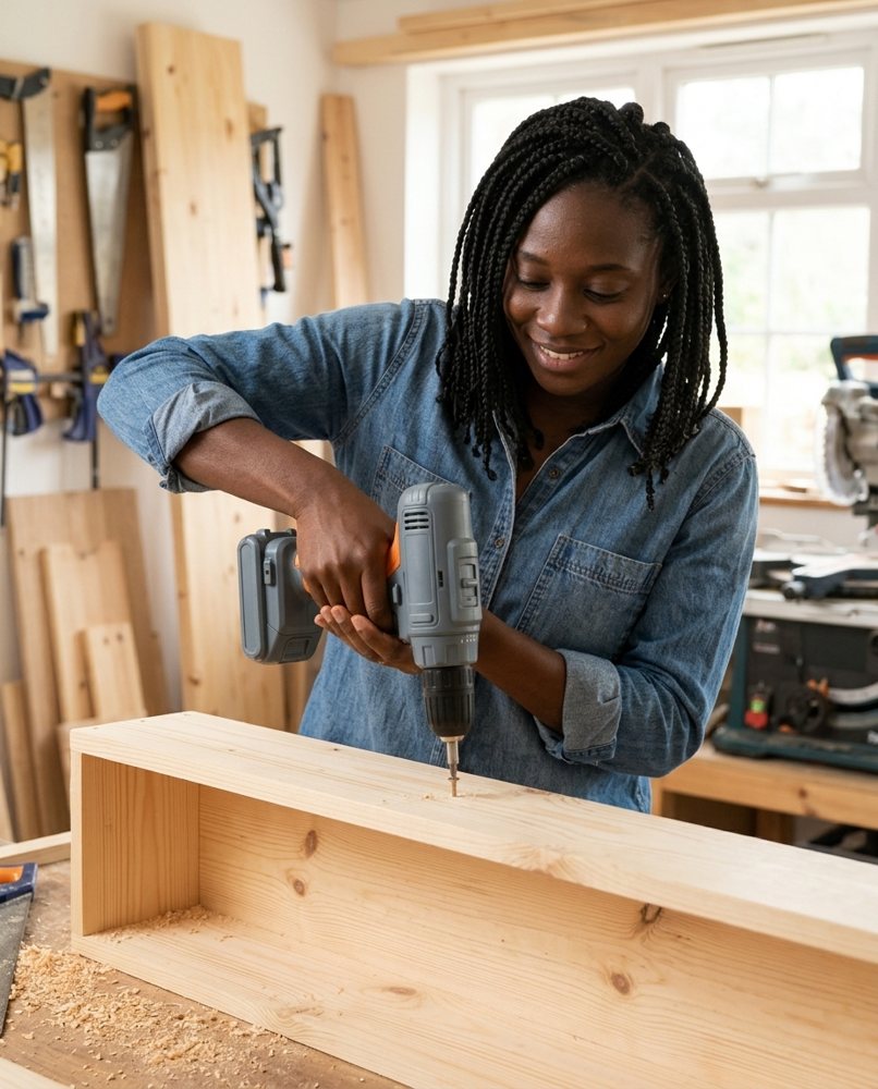 Generated: She drills into a pine shelf in a woodworking shop with the gray and orange drill