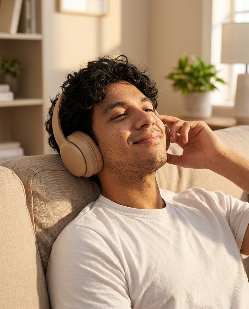 Generated: He relaxes on a couch wearing the sand-colored headphones