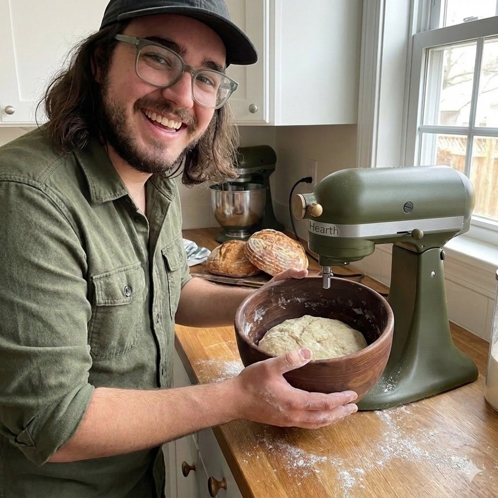 Generated ad: the same man in his kitchen holding the walnut bowl next to the mixer