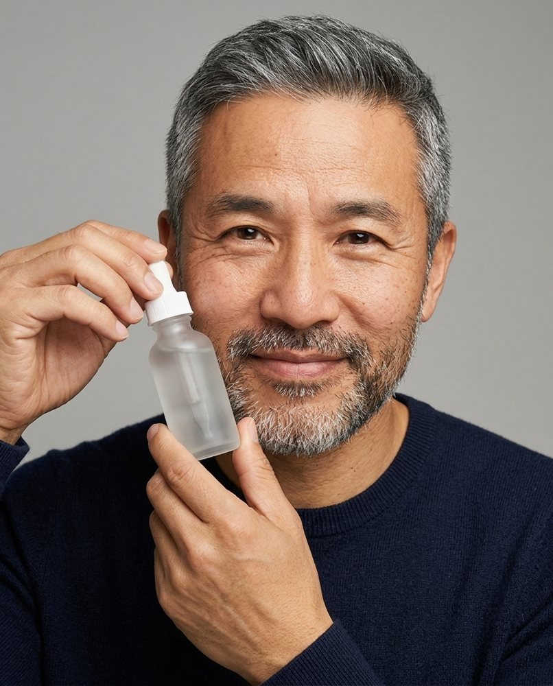 Generated: He holds the frosted serum bottle near his cheek against a studio backdrop